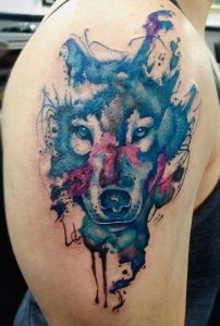 Ink Splatter Watercolor Wolf Tattoo