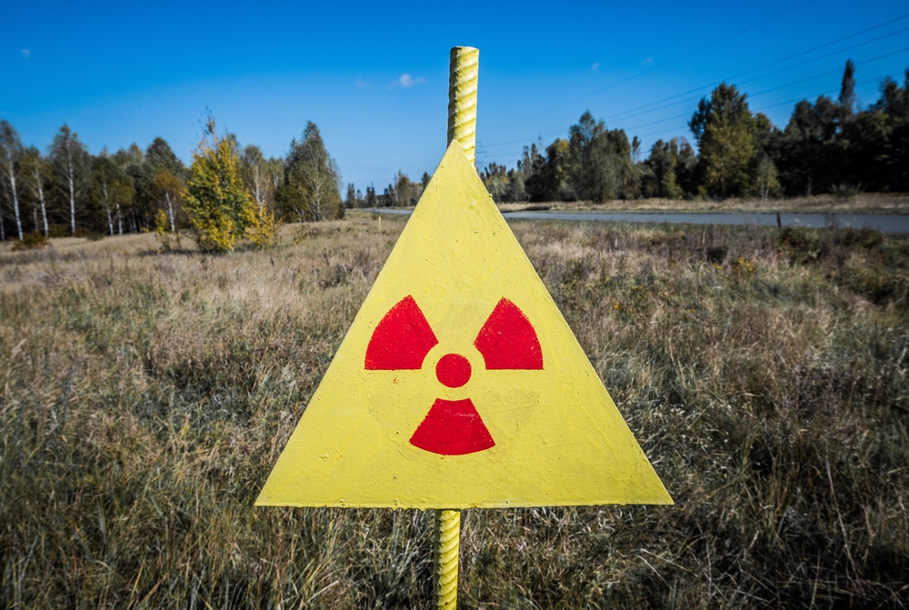 Ionizing Radiation sign next to Red Forest in Chernobyl Nuclear Power Plant Zone of Alienation, Ukraine: Chernobyl Wolves
