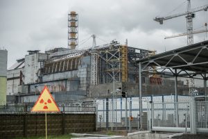 Chernobyl nuclear power station, 4-th block with warning sign