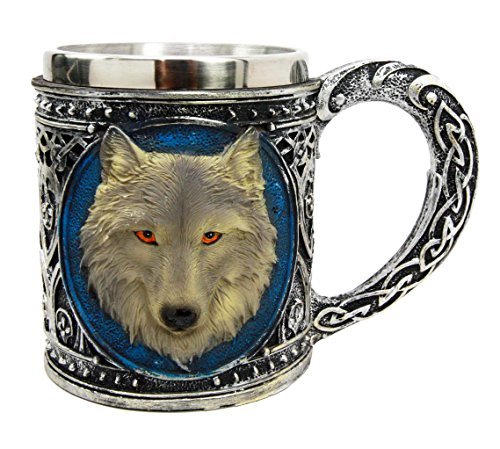 Atlantic Collectibles Alpha Gray Wolf Celtic Tribal Magic Resin 16oz Mug With Stainless Steel Rim Figurine: Gifts for wolf lovers