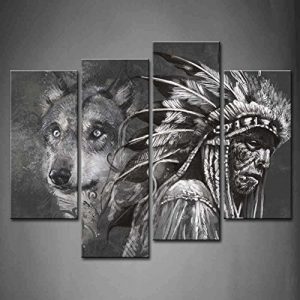 4 Panel Wall Art Black And White Wolf And Indians Painting: gifts for wolf lovers